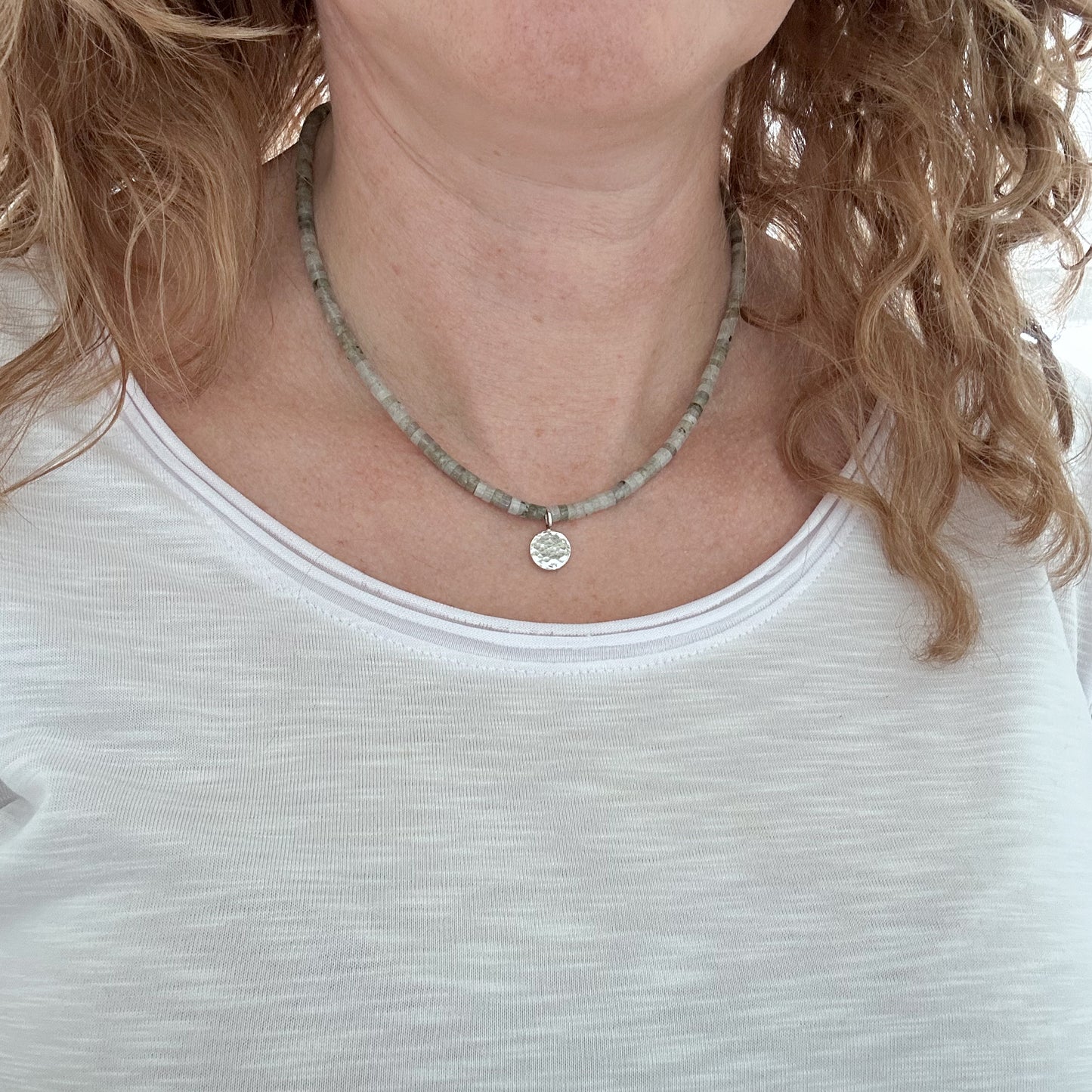 Labradorite Bead Necklace with Hammered Silver Charm