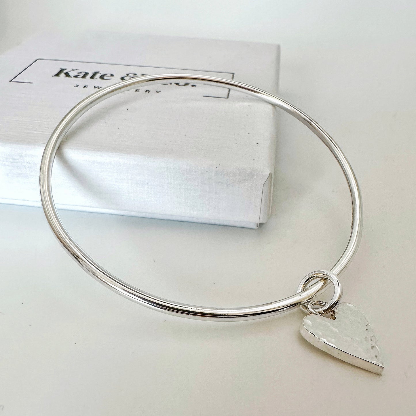 Classic Silver Bangle with Hammered Heart Charm
