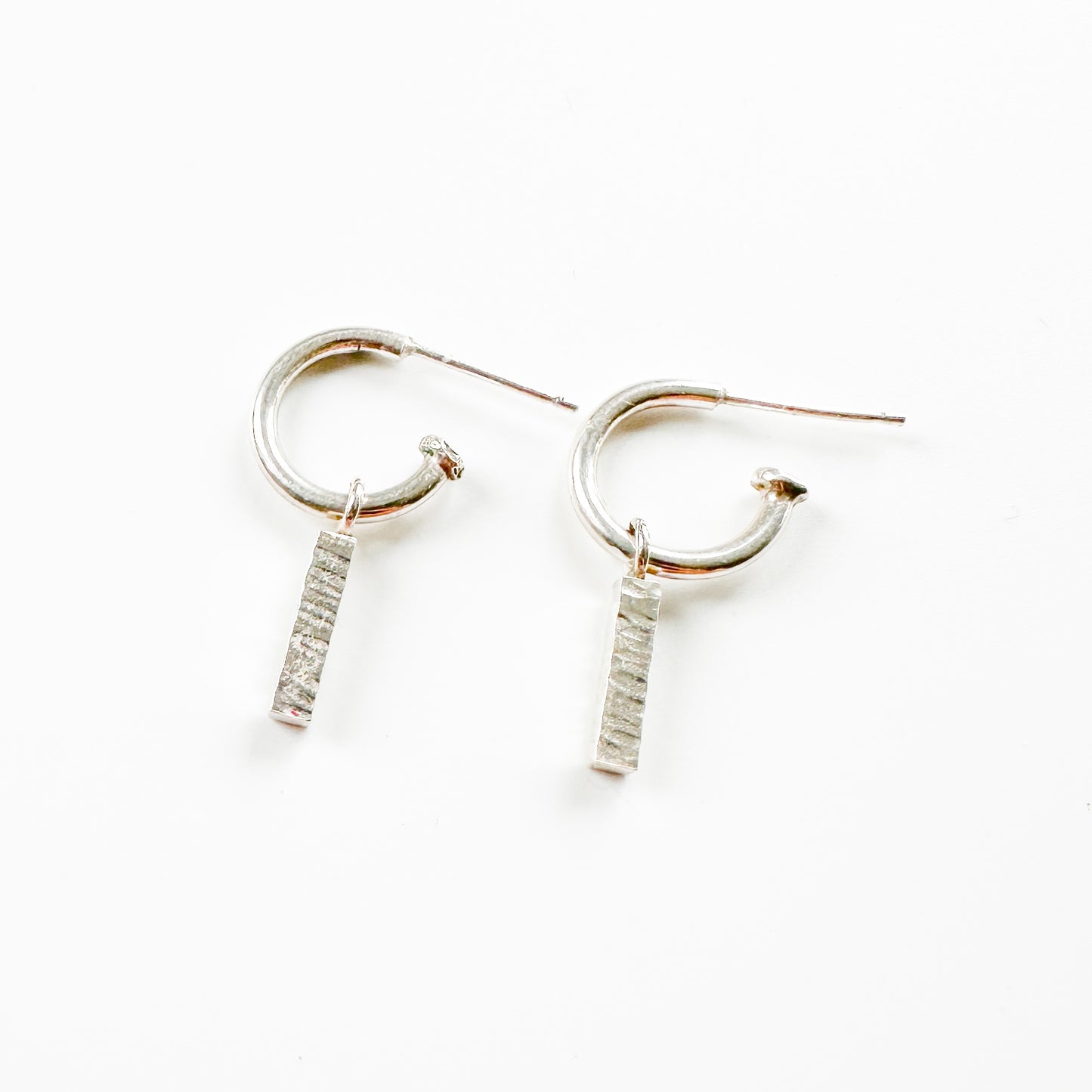 Strata Charm Hoops - Sterling Silver Hoops with Hammered Bar Charms