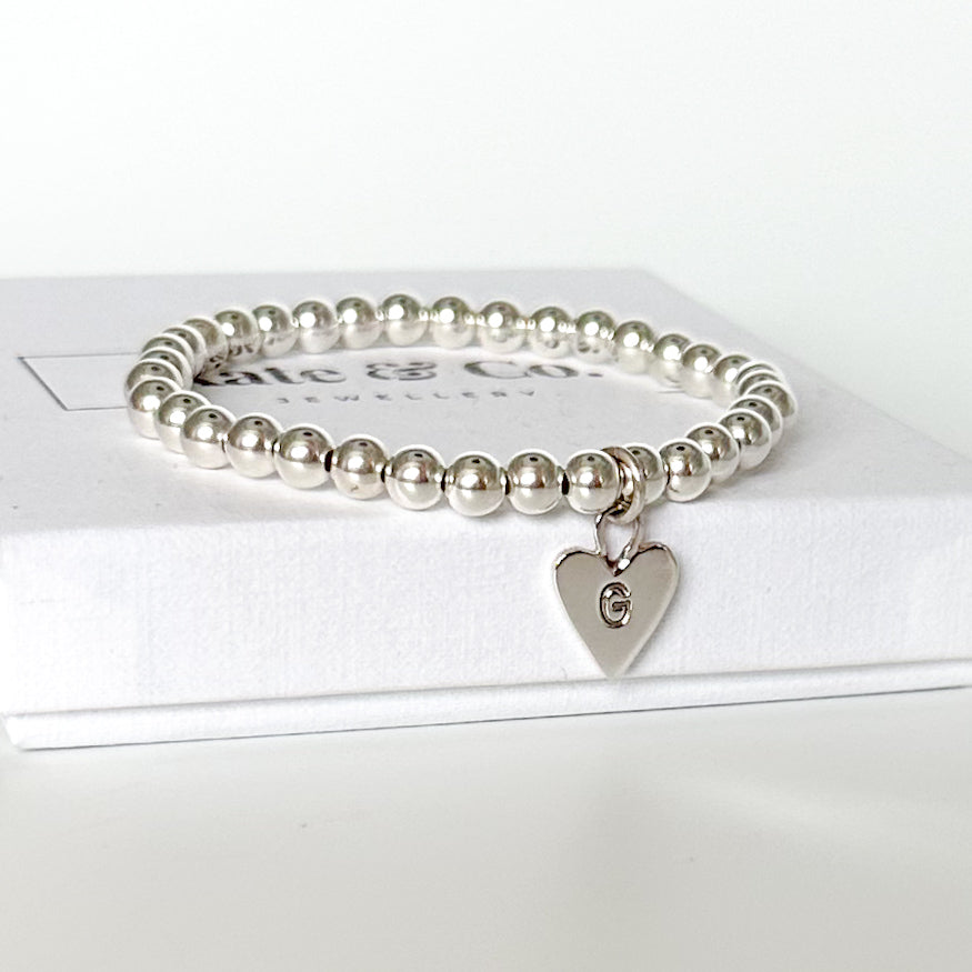 Silver Bead Stretch Bracelet with Personalised Heart