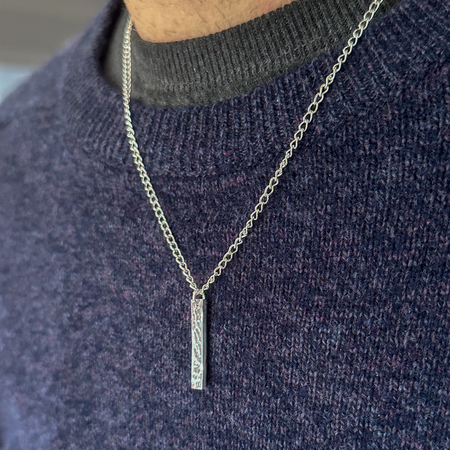 Men’s Hammered/Brushed Silver Bar Necklace