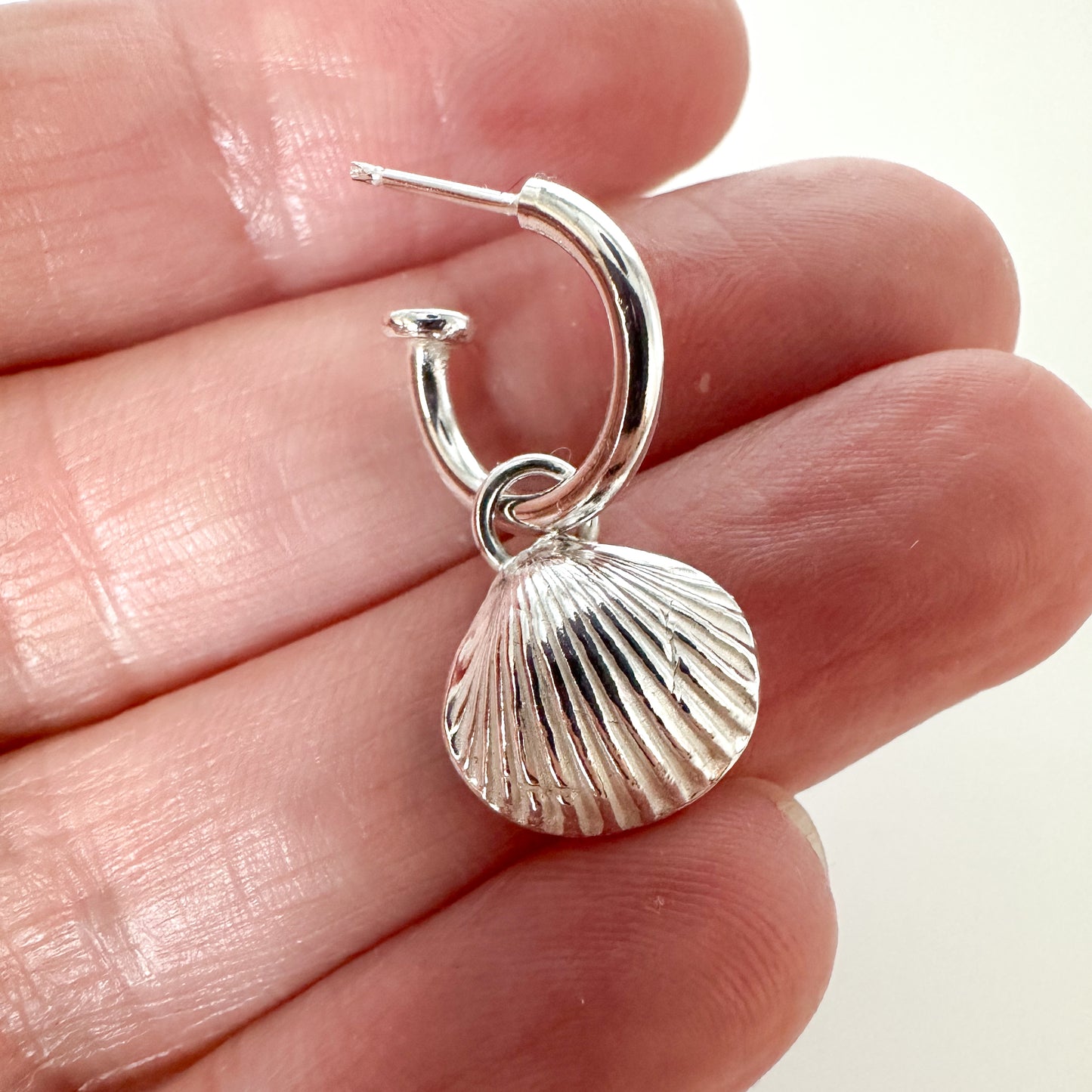 Silver Sea Shell Charm Hoop Earrings