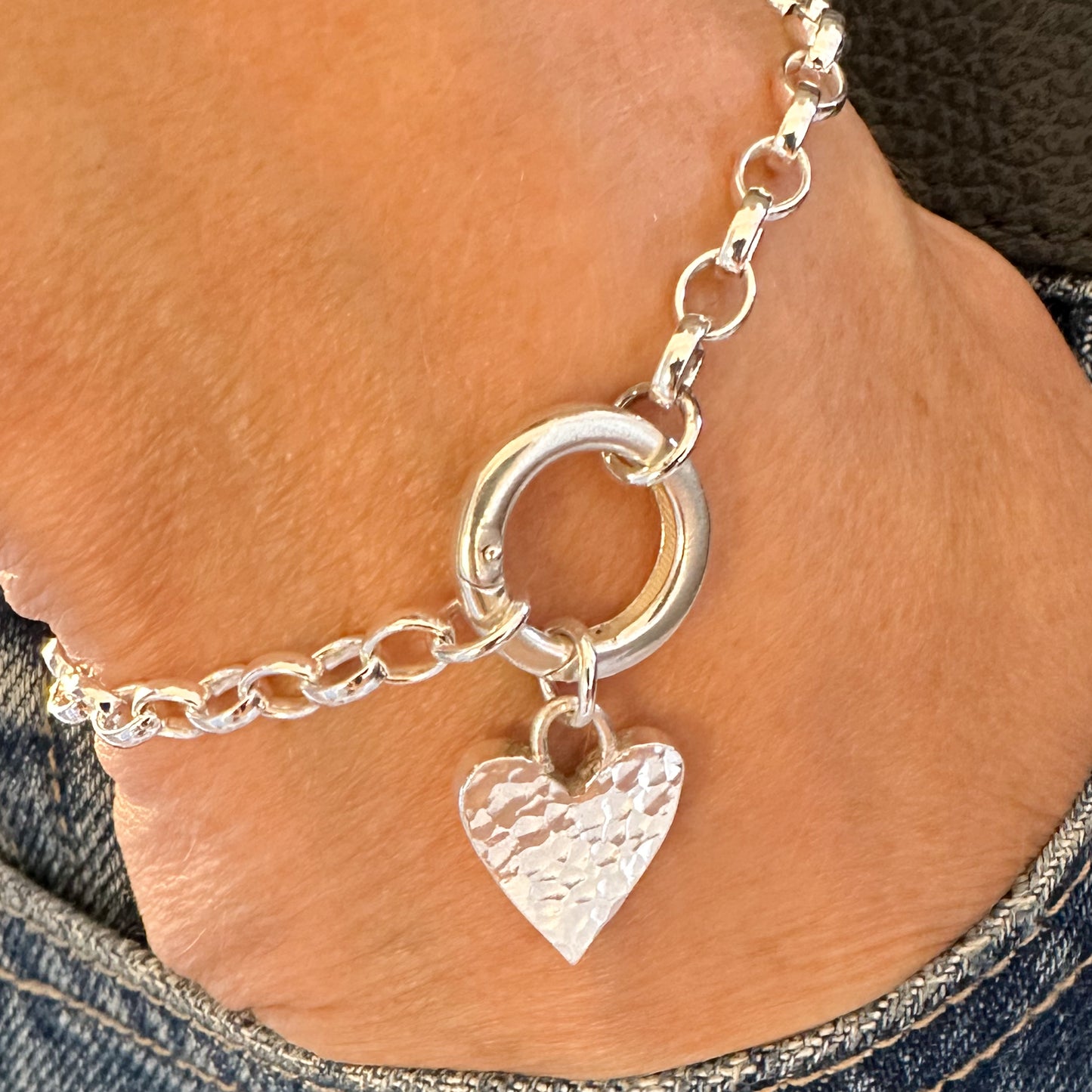 Silver Belcher Charm Bracelet with Hammered Heart
