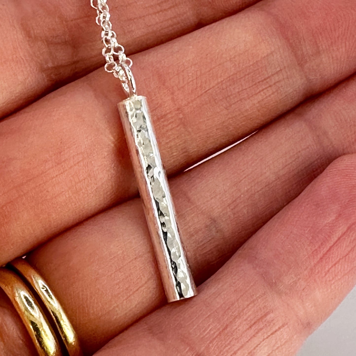 Hammered Silver Bar Pendant Necklace