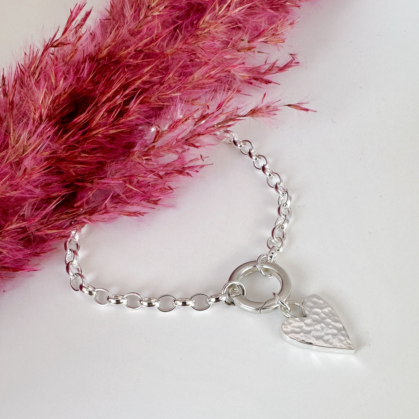 Silver Belcher Charm Bracelet with Hammered Heart