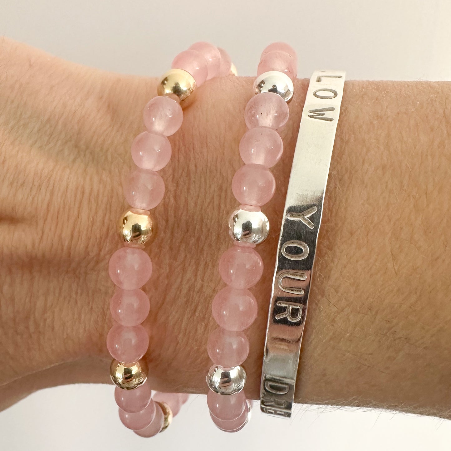 Rose Quartz and Silver Bead Bracelet