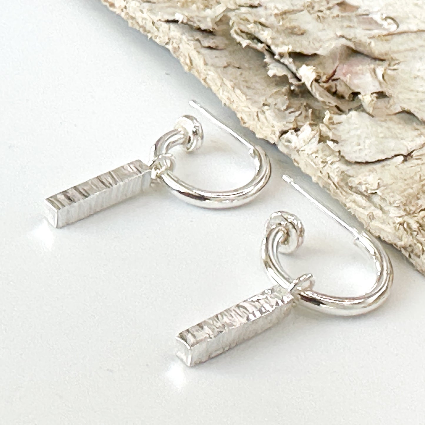 Sterling Silver Hoops with Hammered Bar Charms