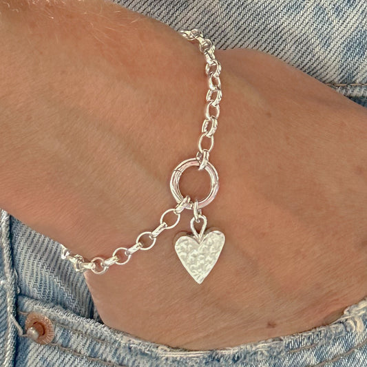 Silver Belcher Charm Bracelet with Hammered Heart