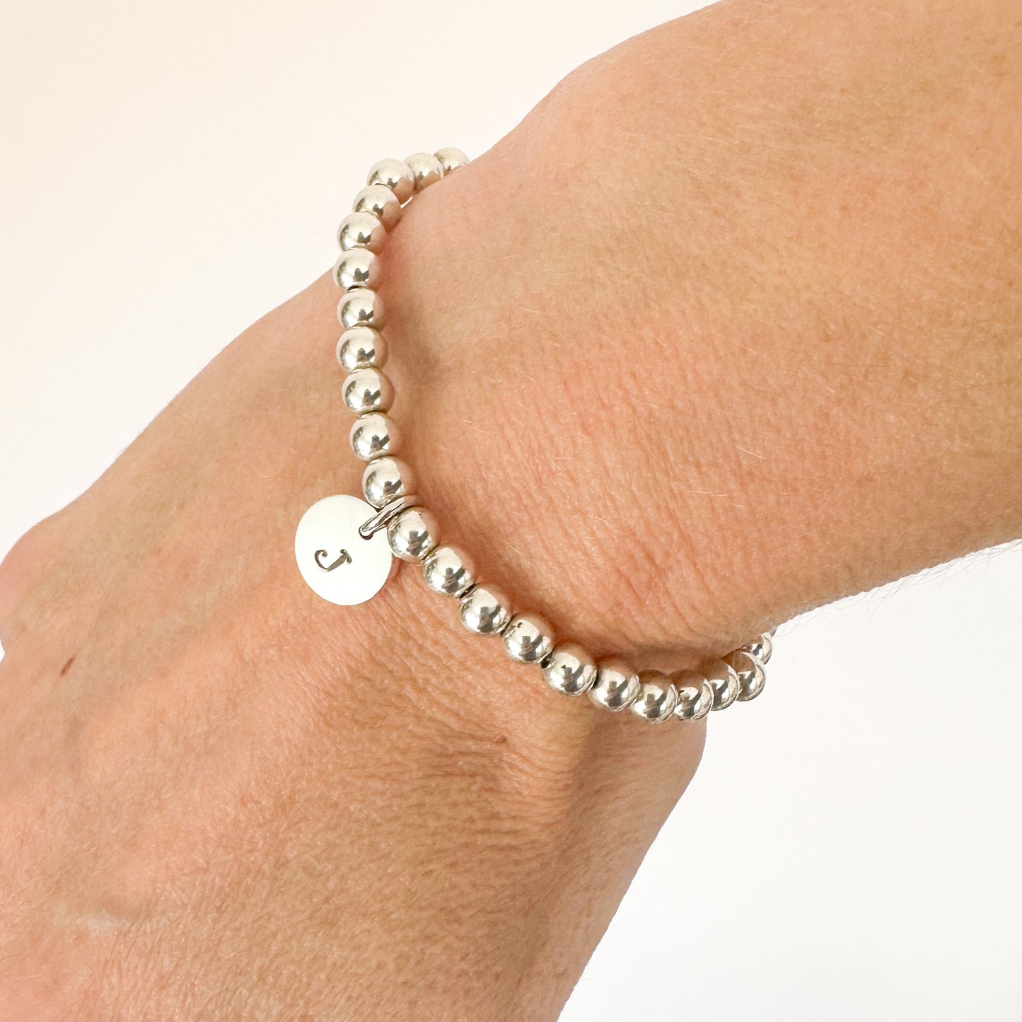 Silver Bead Stretch Bracelet with Personalised Disc