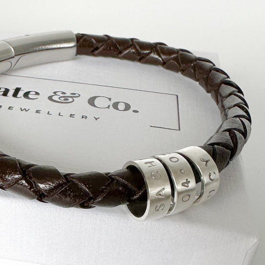 Men’s Personalised Silver Hoop Leather Bracelet