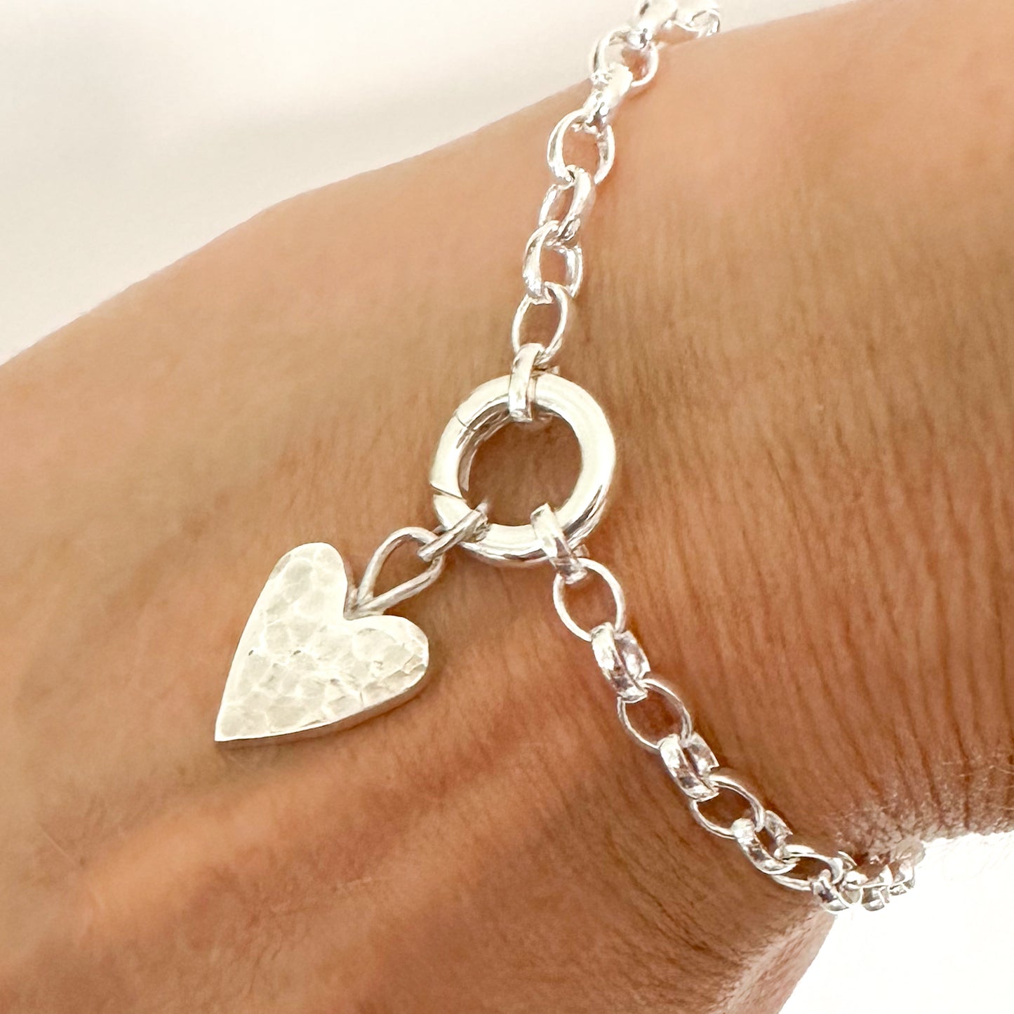Silver Belcher Charm Bracelet with Hammered Heart