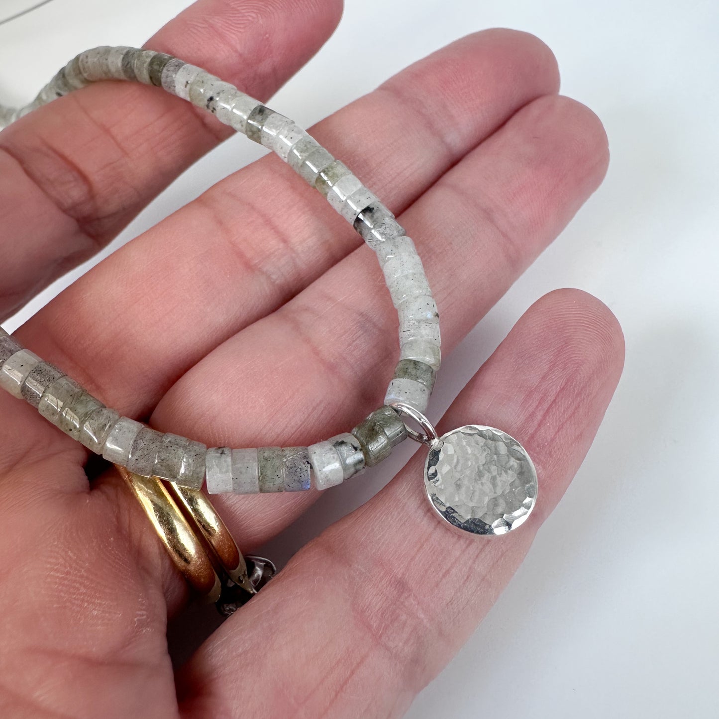 Labradorite Bead Necklace with Hammered Silver Charm