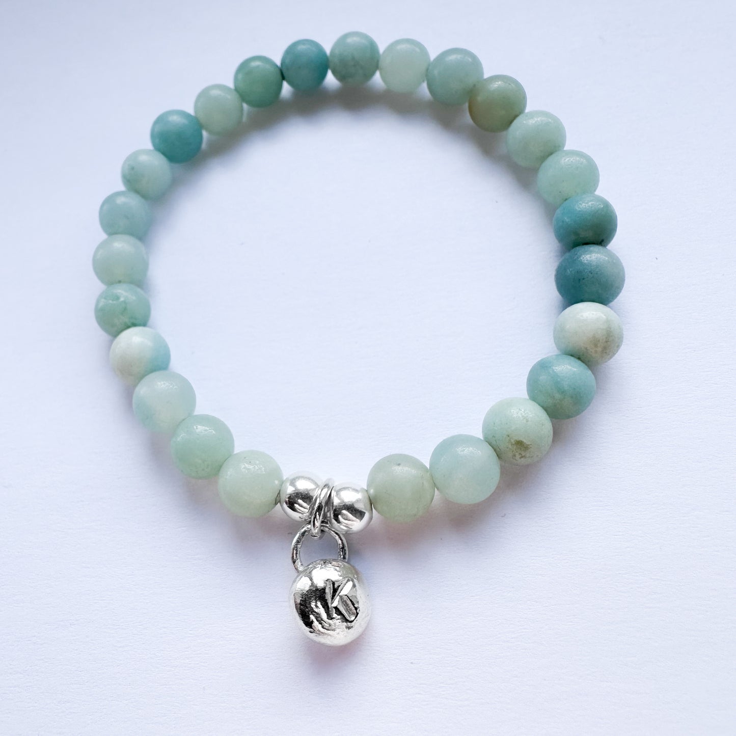 Amazonite Stretch Bead Bracelet with Personalised Silver Pebble
