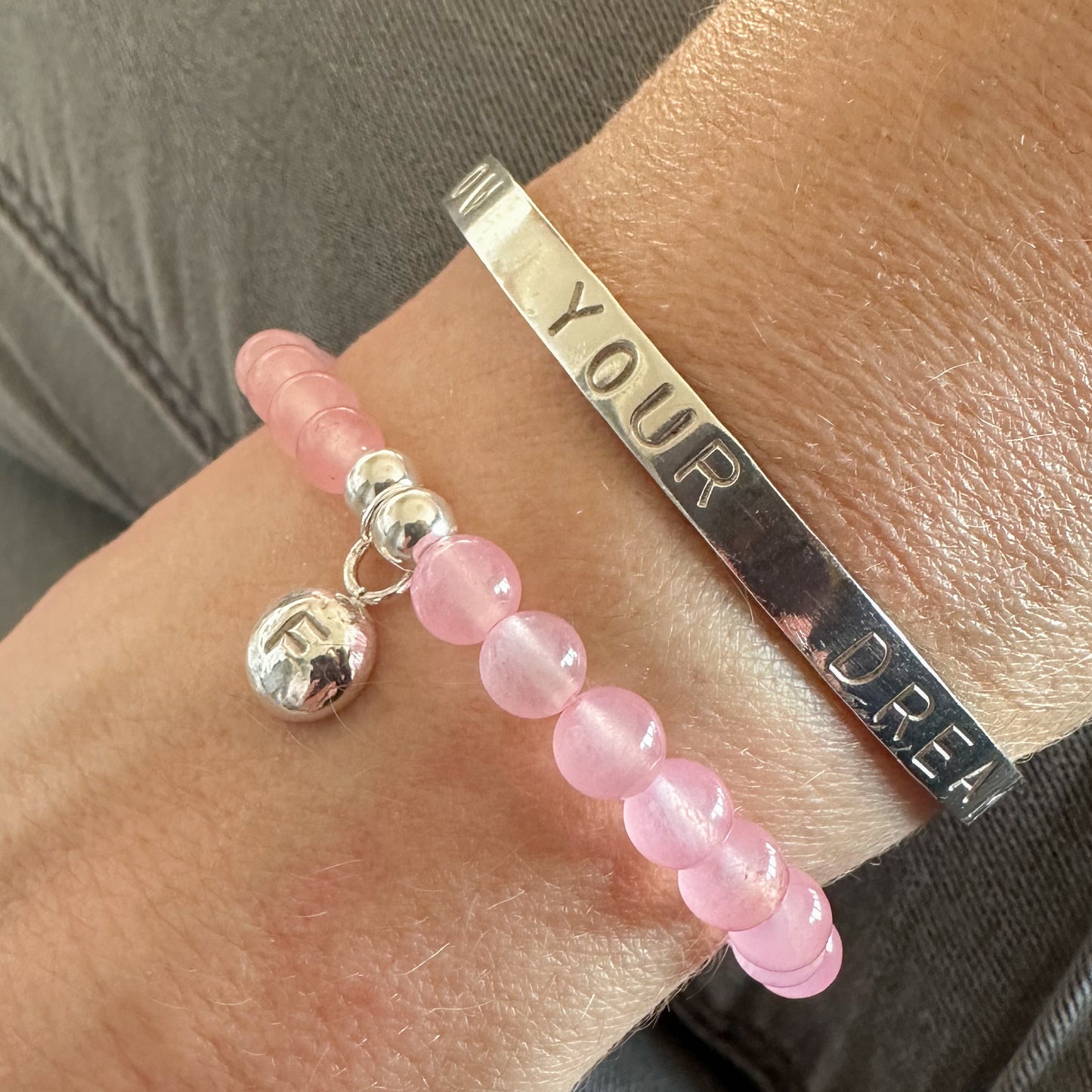 Rose Quartz Stretch Bracelet with Personalised Silver Pebble