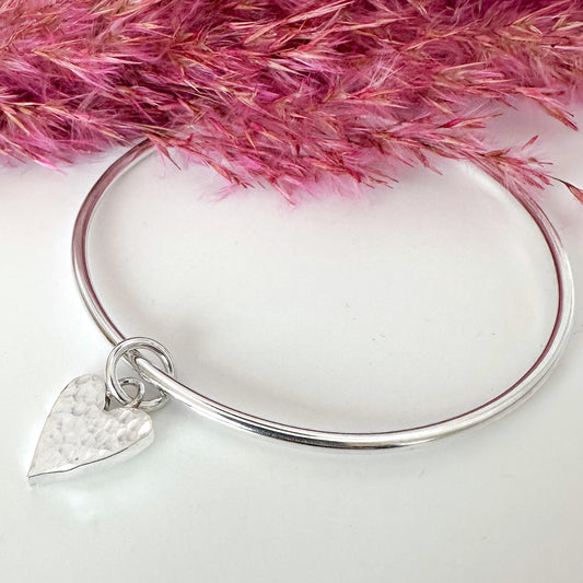 Classic Silver Bangle with Hammered Heart Charm