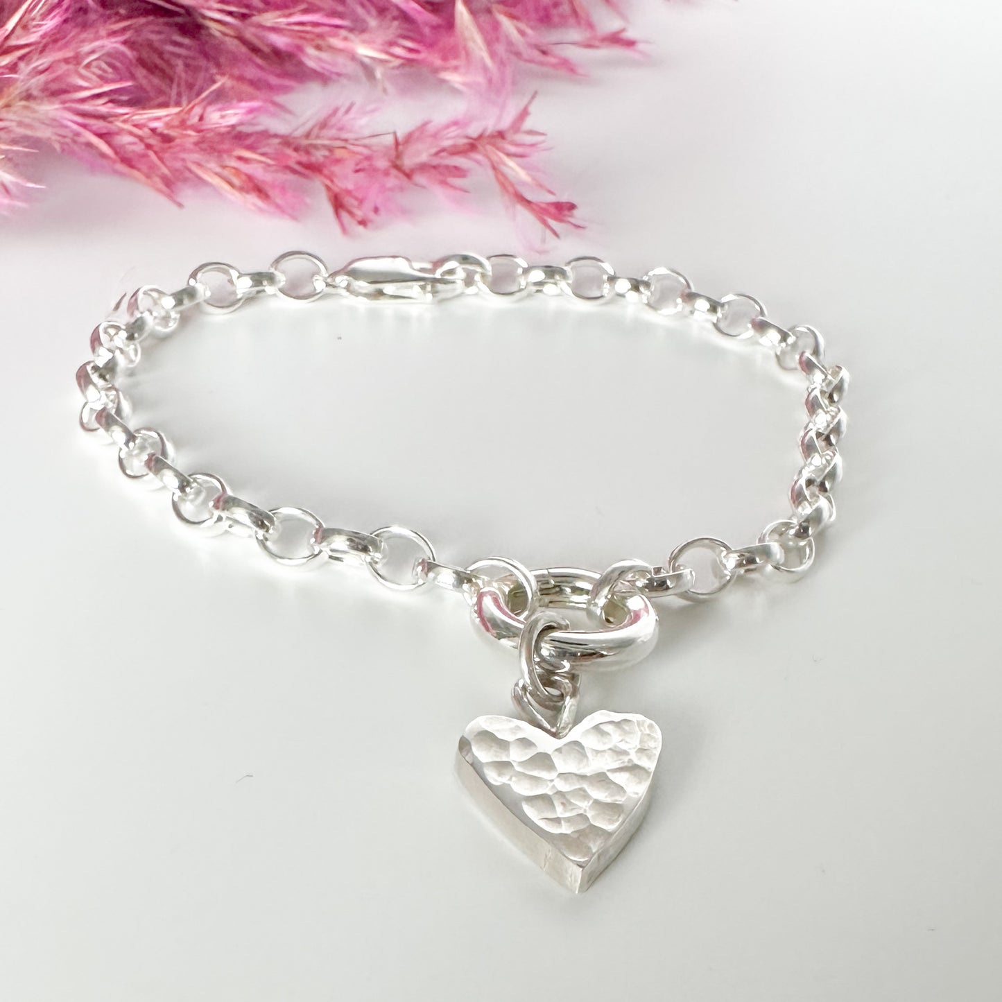Silver Belcher Charm Bracelet with Hammered Heart
