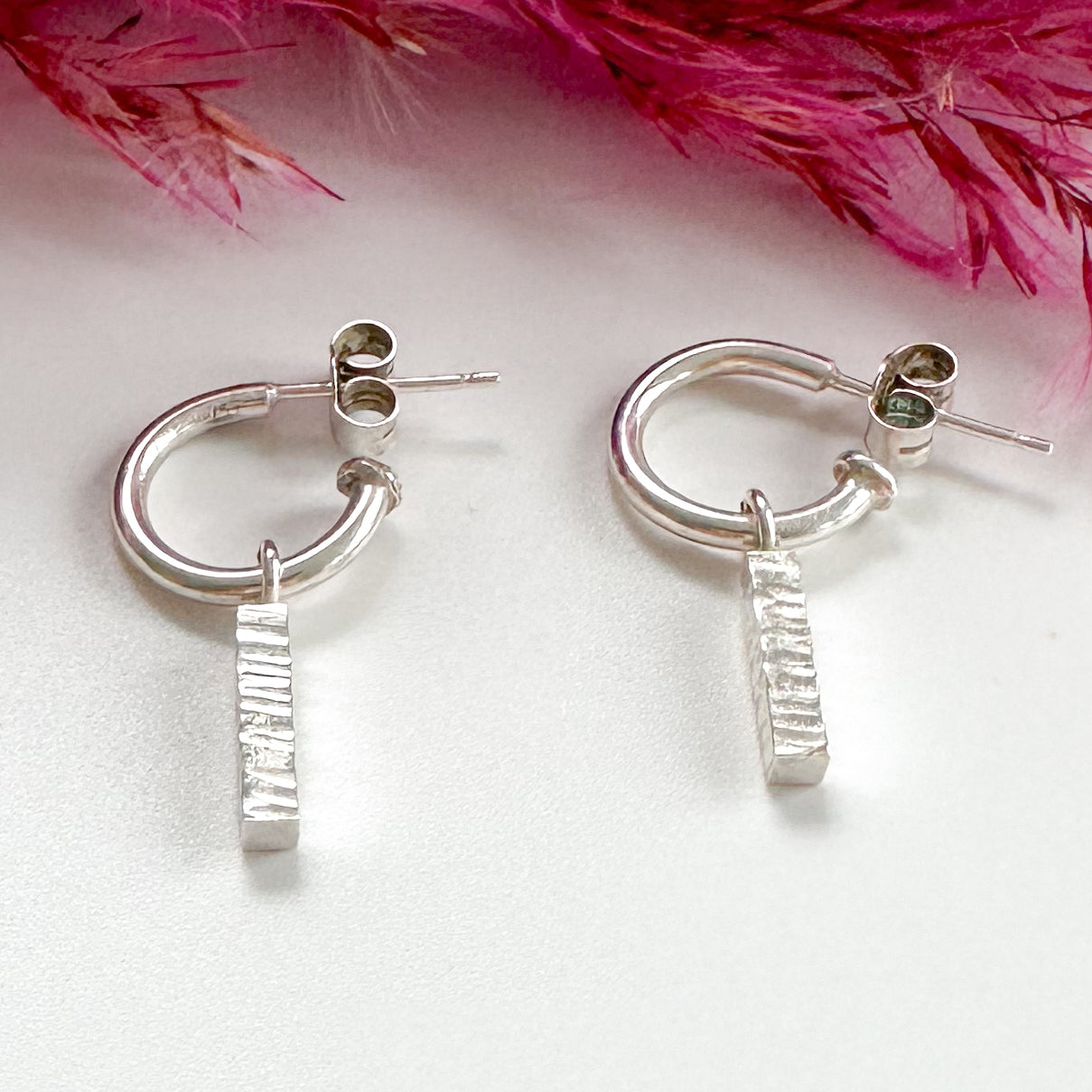 Sterling Silver Hoops with Hammered Bar Charms