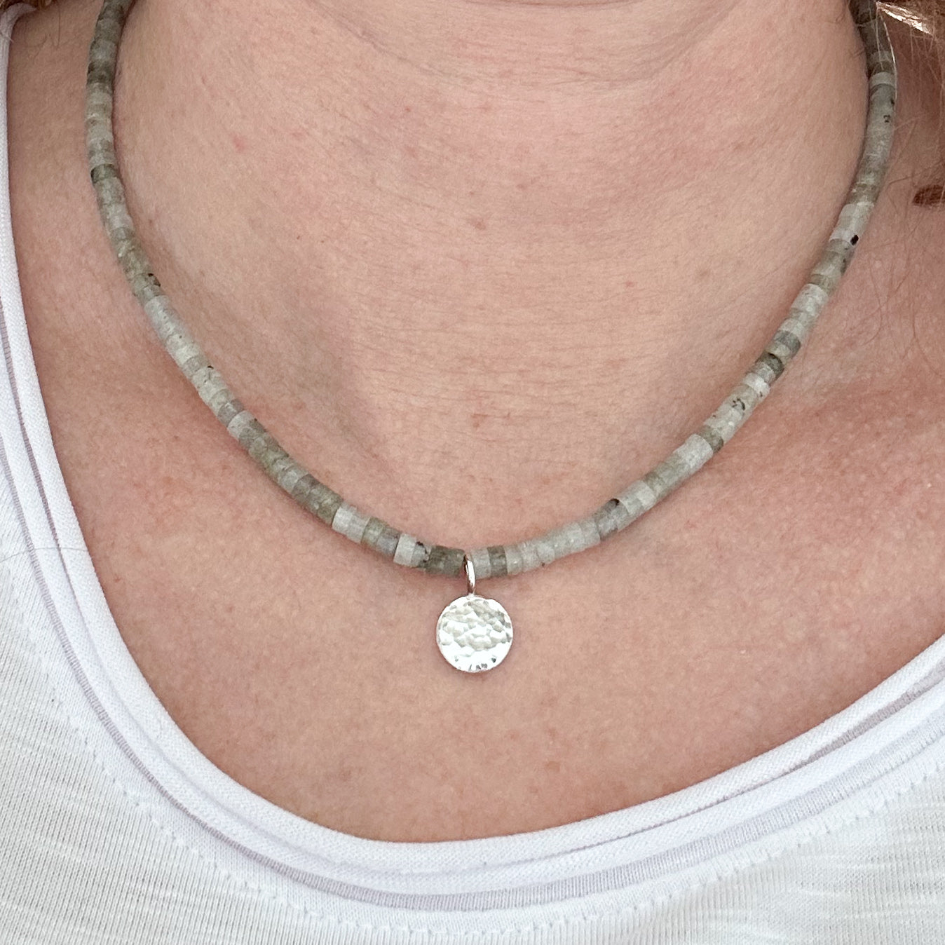 Labradorite Bead Necklace with Hammered Silver Charm