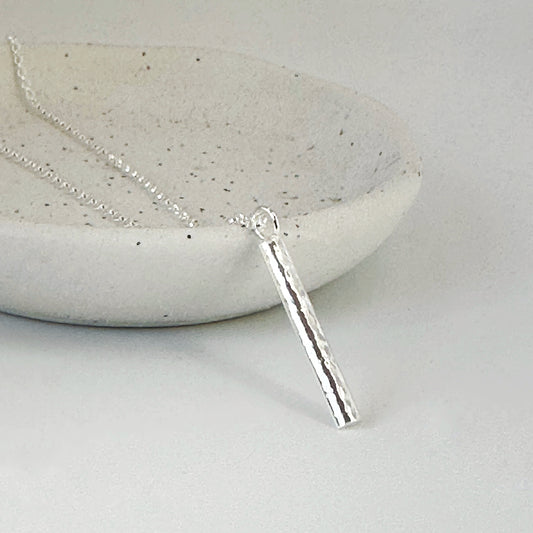 Hammered Silver Bar Pendant Necklace