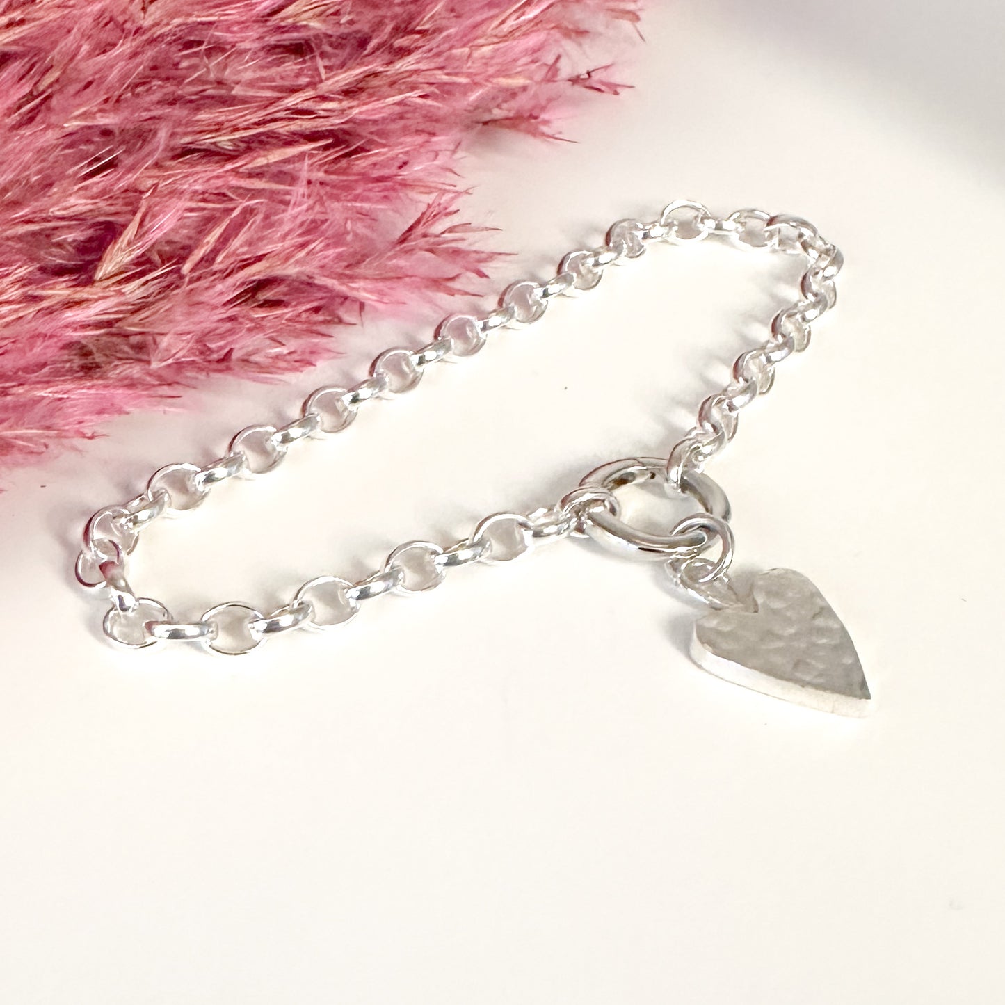 Silver Belcher Charm Bracelet with Hammered Heart