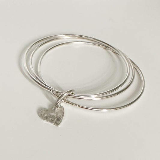 Triple Sterling Silver Bangle with Heart Charm