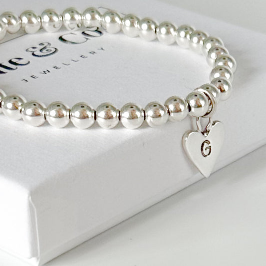 Silver Bead Stretch Bracelet with Personalised Heart