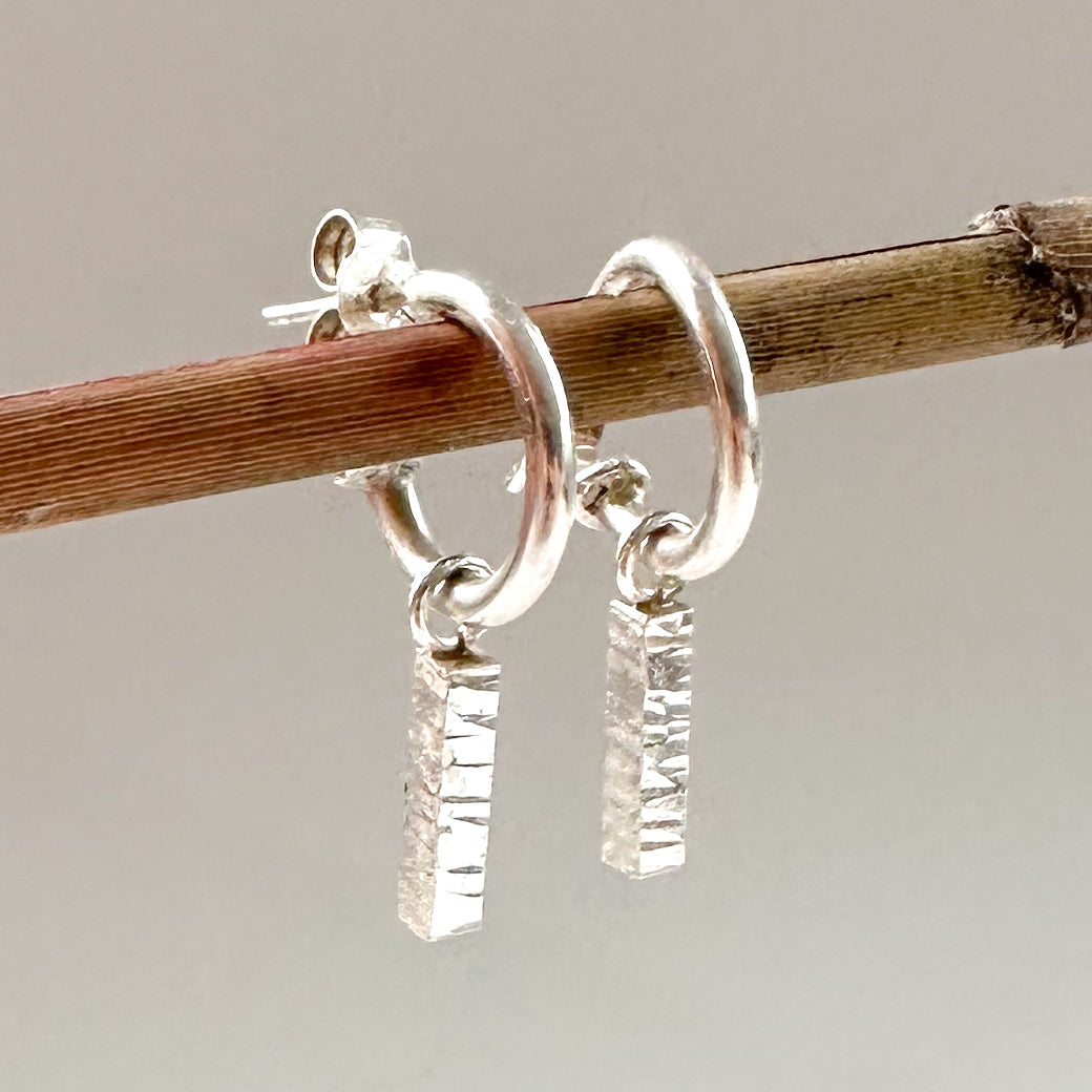 Sterling Silver Hoops with Hammered Bar Charms