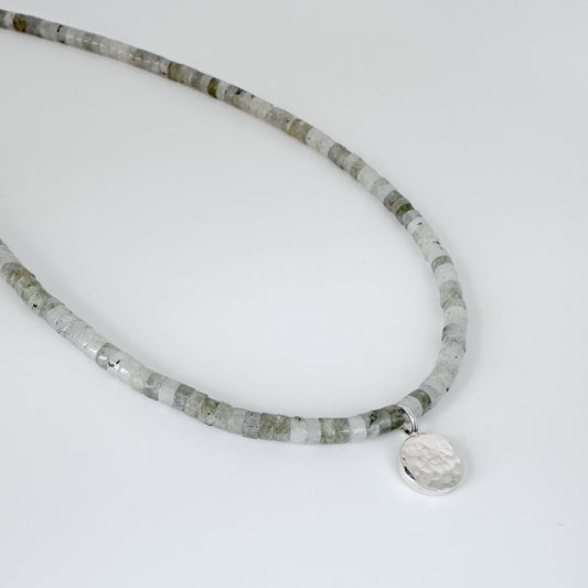 Labradorite Bead Necklace with Hammered Silver Charm