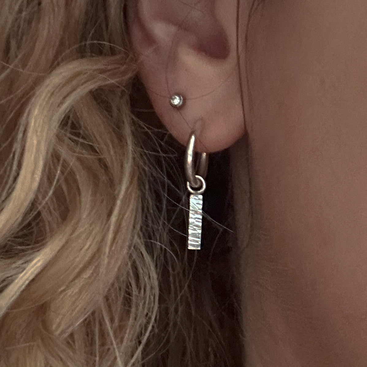 Sterling Silver Hoops with Hammered Bar Charms