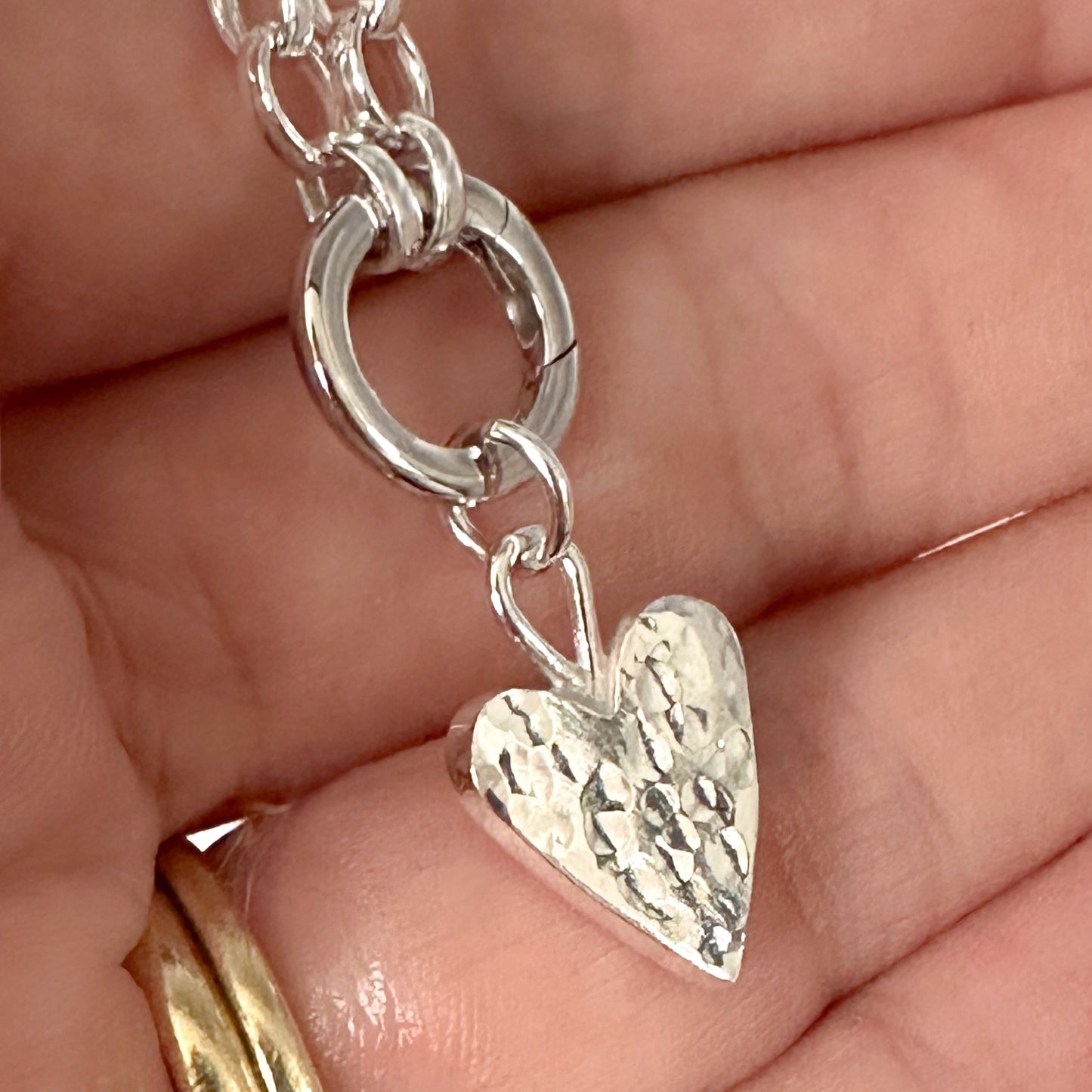 Silver Belcher Charm Bracelet with Hammered Heart