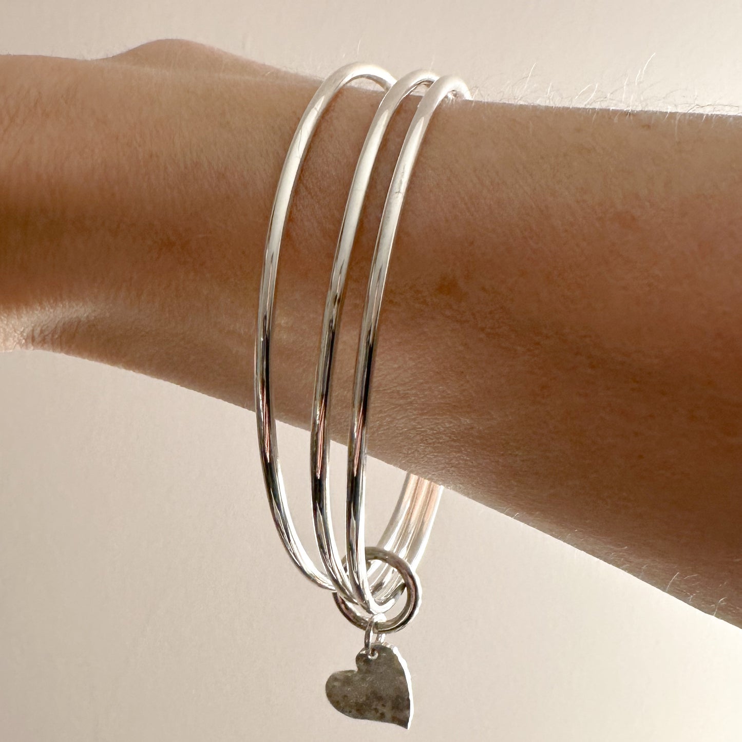 Triple Sterling Silver Bangle with Heart Charm