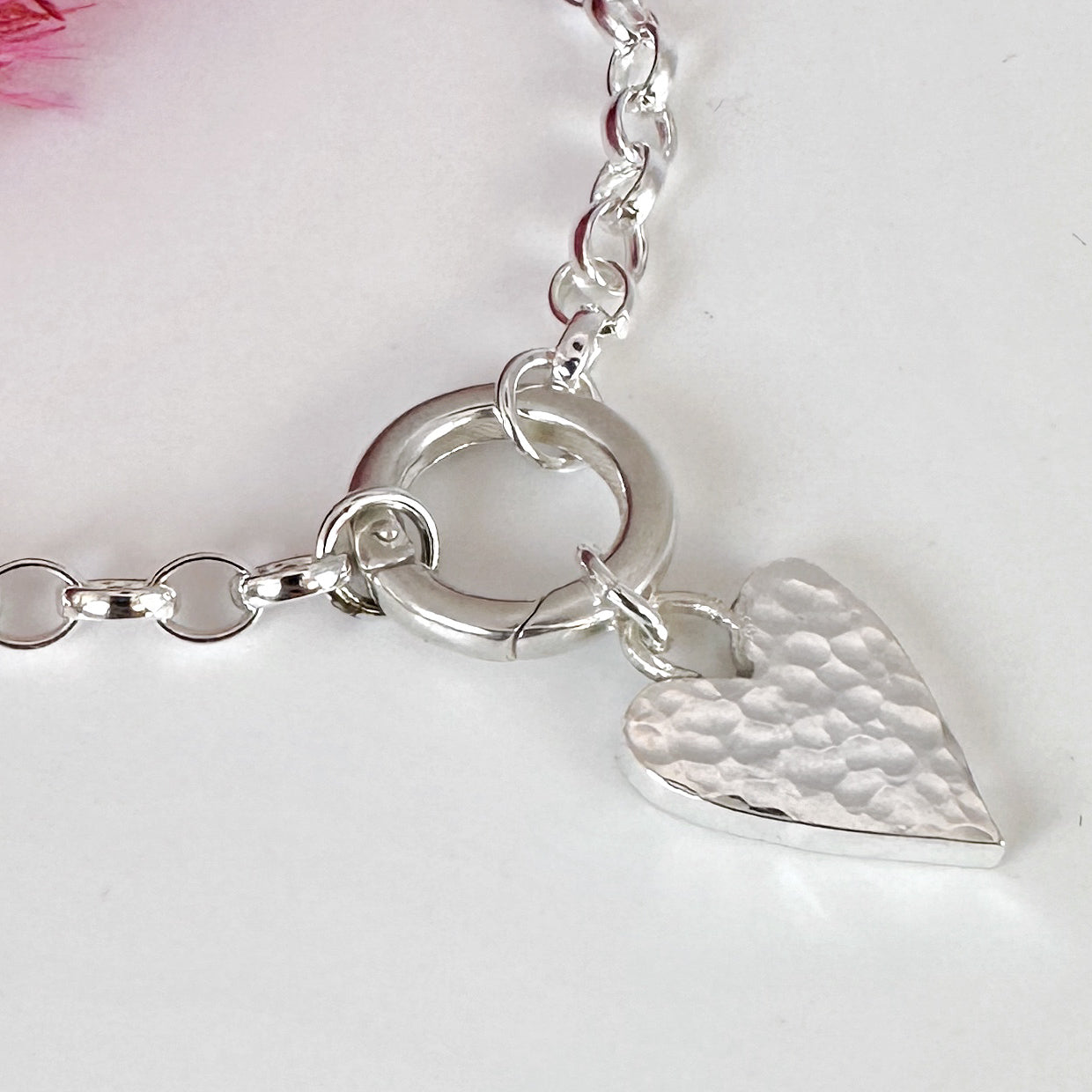 Silver Belcher Charm Bracelet with Hammered Heart
