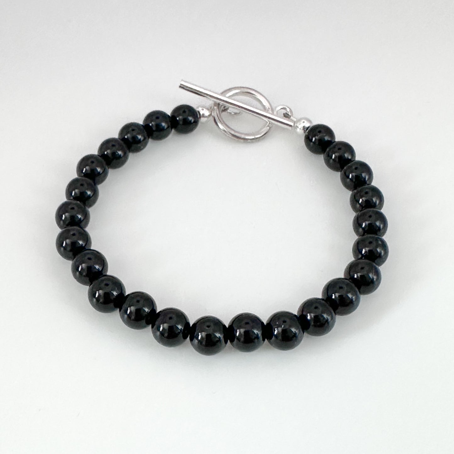 Black Onyx Bead & Silver T Bar Bracelet