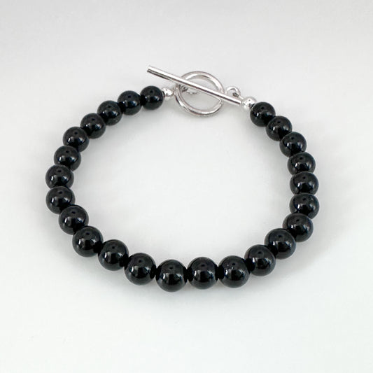 Black Onyx Bead & Silver T Bar Bracelet