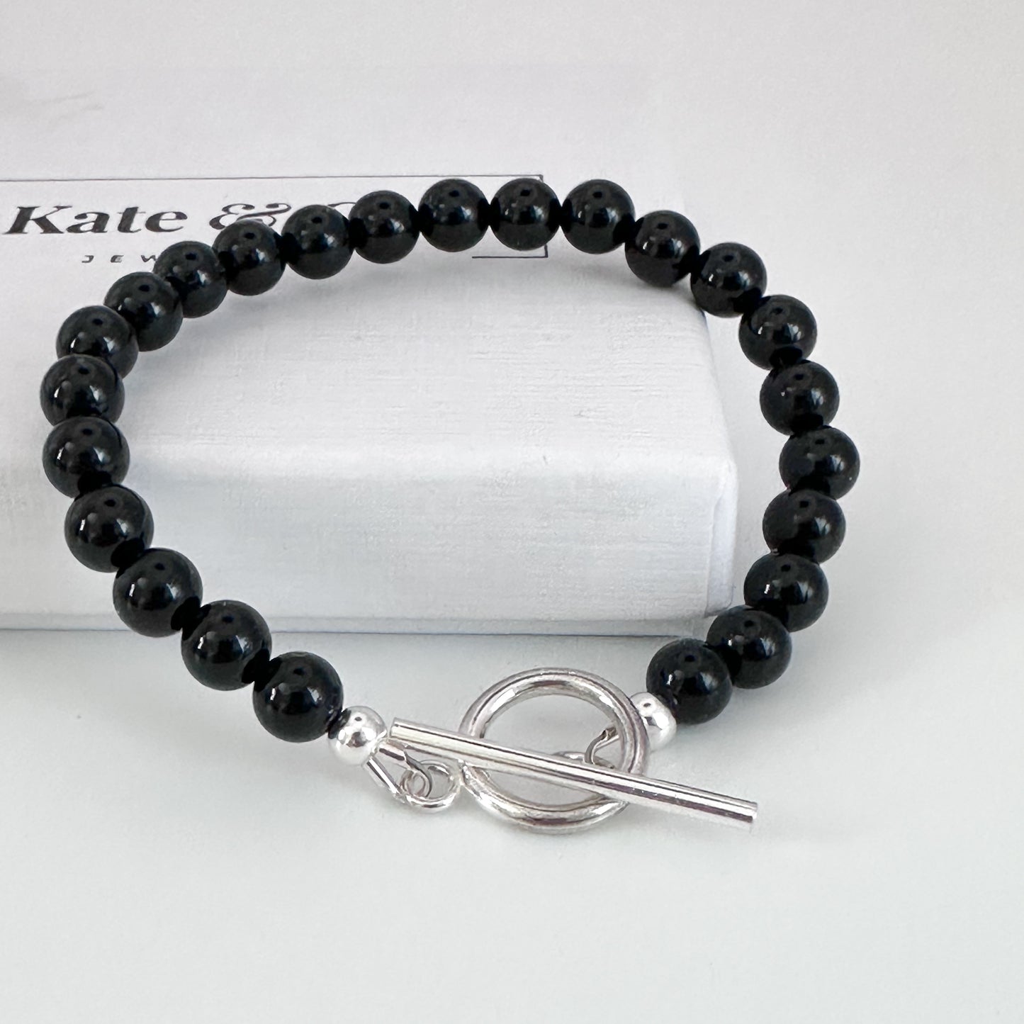 Black Onyx Bead & Silver T Bar Bracelet