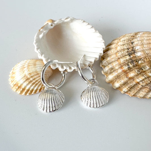 Silver Sea Shell Charm Hoop Earrings
