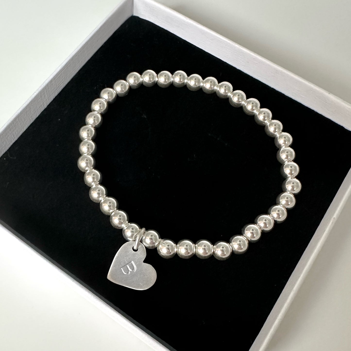 Silver Stretch Bead Bracelet with a Brushed Silver Personalised Heart