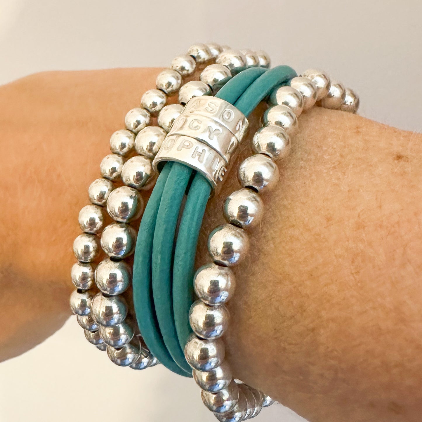 Personalised Silver Hoop Triple Wrap Leather Bracelet